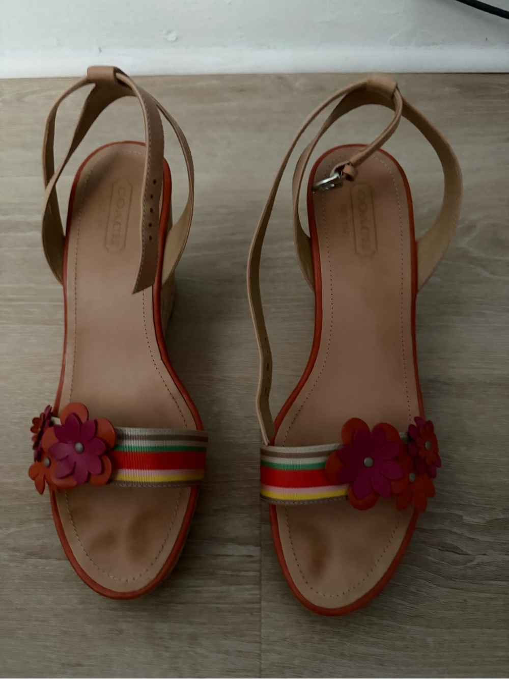 Coach Tan Wedge Sandals with Pink & Orange Flower Accents